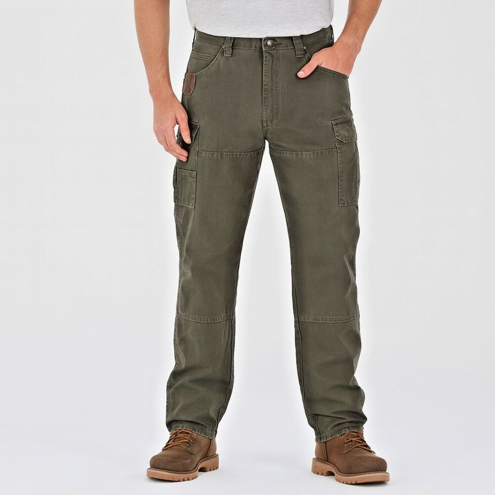 Wrangler Riggs Workwear Pants Mens 38x32 Double Knee RipStop Cargo Olive Green